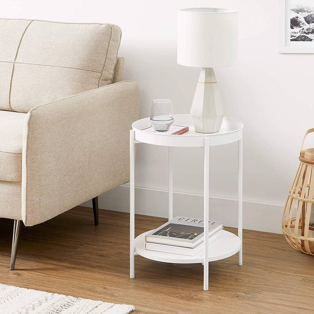 VASAGLE 2-Tier Side Table, End Table with Movable Tray, Coffee Table, Steel Frame, for Living Room, Bedroom, White