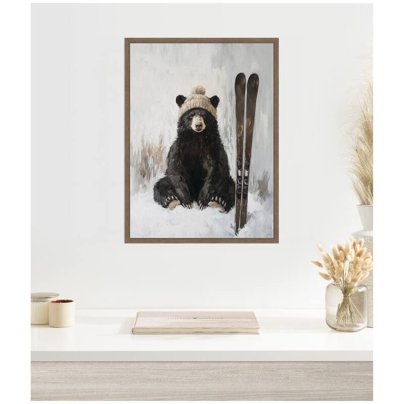 Kate and Laurel Framed Canvas Winter Bear Waiting to Ski by The Creative Bunch Studio