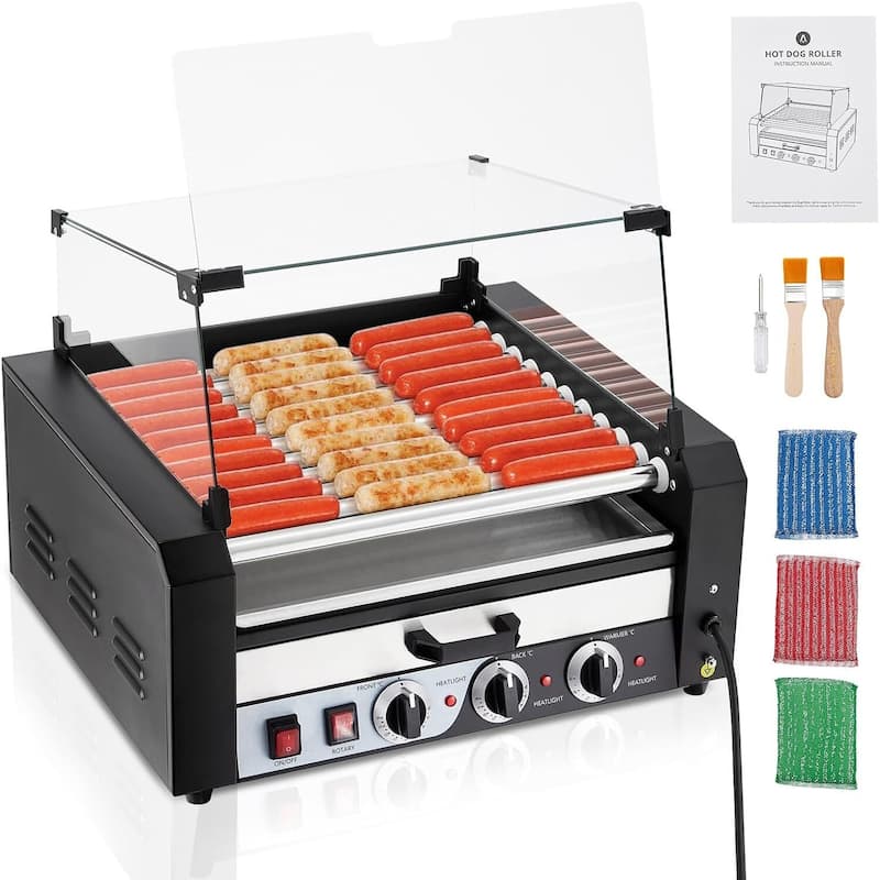 Hot Dog Roller with Warming Drawer, Stainless Steel Sausage Grill - 11 Rollers