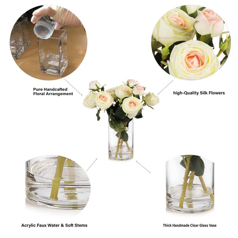 Enova Home Artificial Silk Rose Flowers in Clear Glass Vase with Faux Water for Home Office Wedding Decoration - N/A