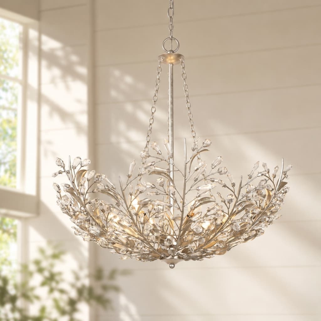Aureflor 6-Light Antique Silver Foil Metal Crystal Floral Chandelier - Dia. 27.6" x H 28"