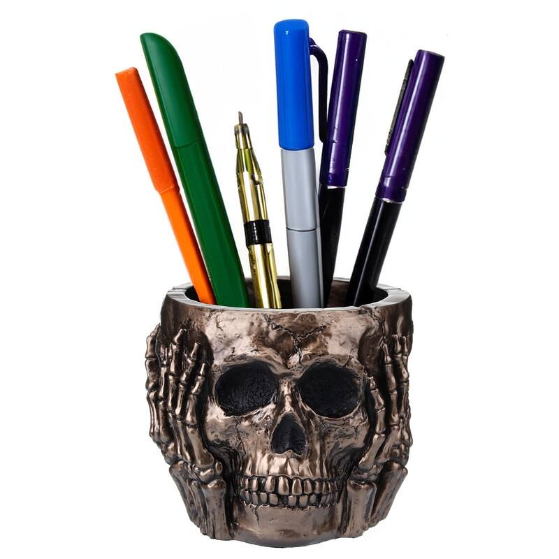 4.53 inches Length Polyresin See Hear Speak No Evil Skull Pen Holder Bronze Finish Figurine
