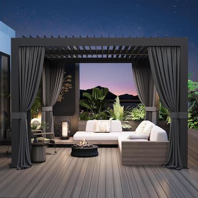 Louvered Pergola 10'x10' with USB Charging Port Deck, Netting and Curtains for Patio Deck Garden, Black