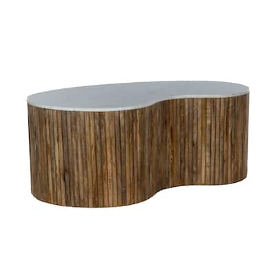 48" Curved Mango Wood Coffee Table with White Banswara Marble Top