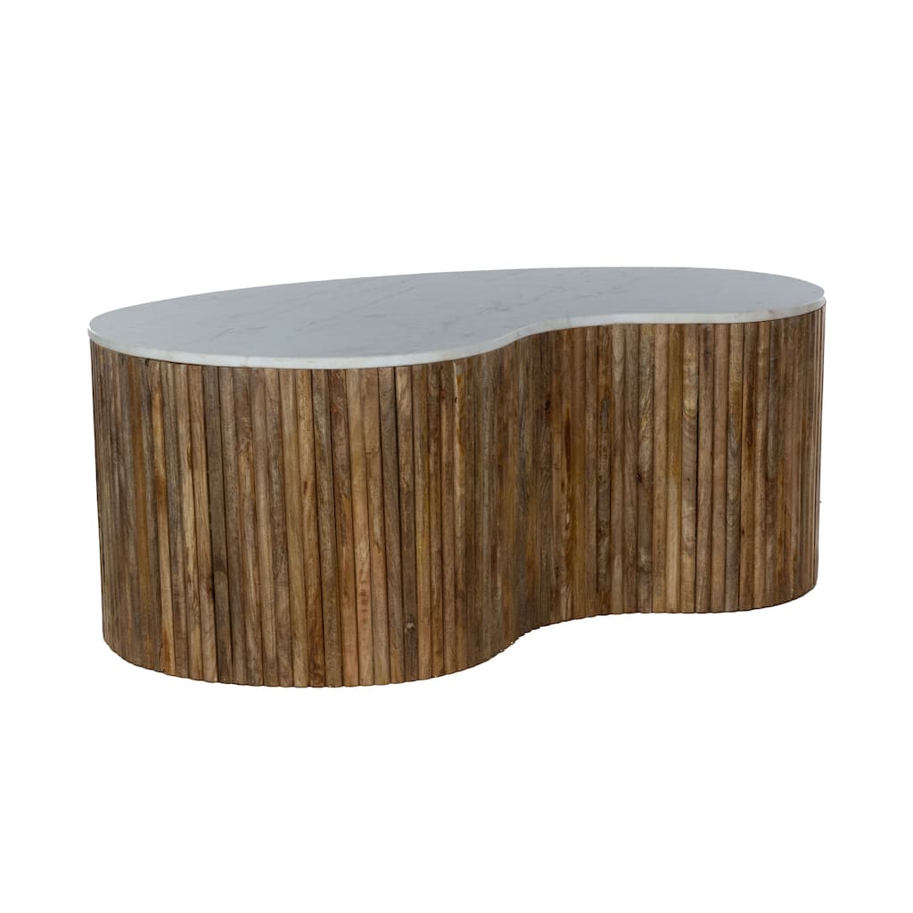 48" Curved Mango Wood Coffee Table with White Banswara Marble Top