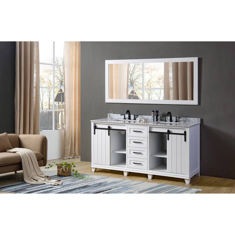 Chanceton 71 in. Vanity in White with White Carrara Marble Top with white basins and 1 Large Mirror