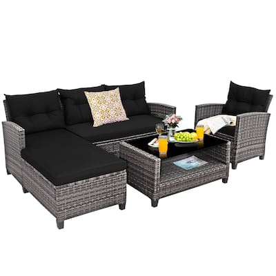 Gymax Set of 4 Rattan Furniture Set Sofa Ottoman Cushion Garden Deck