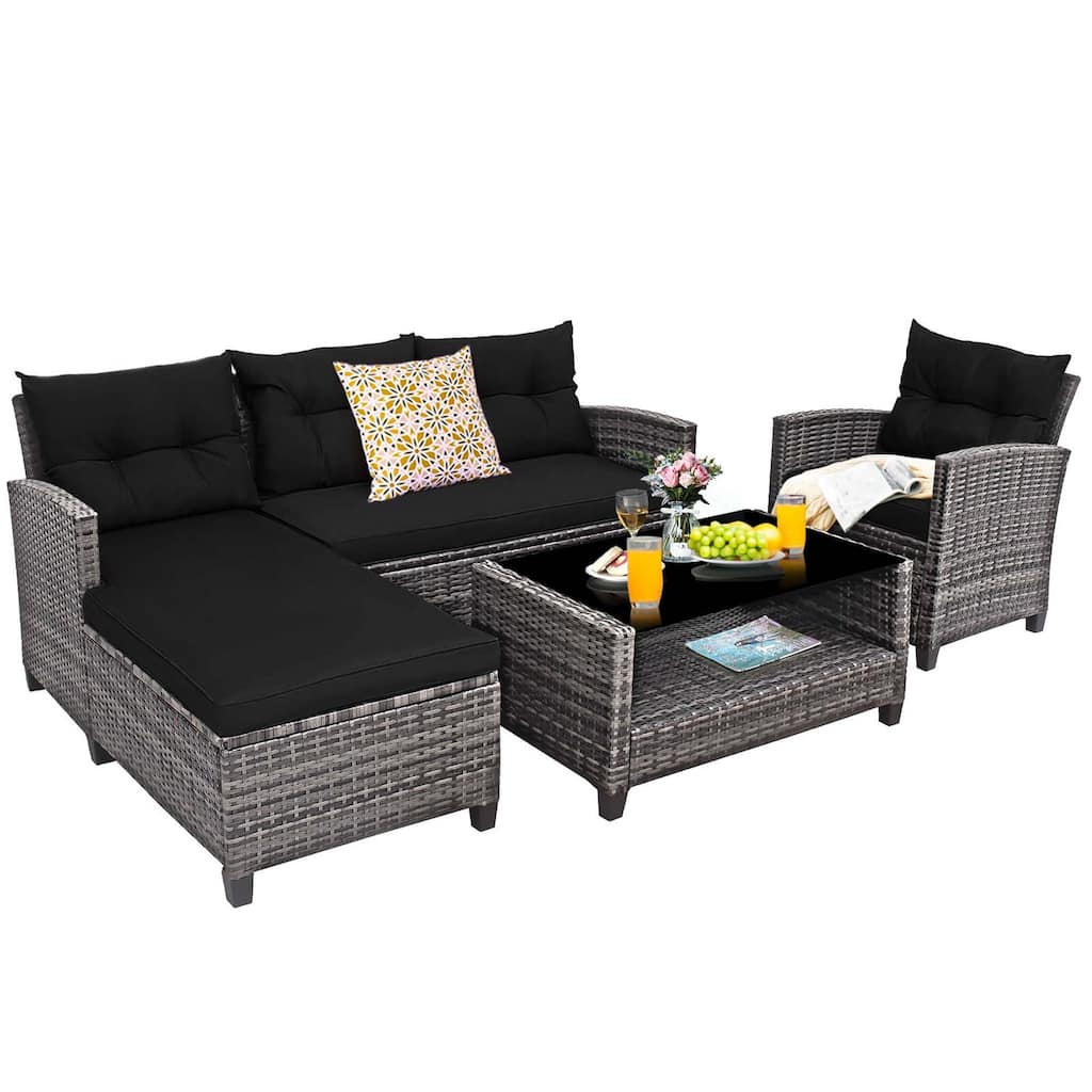 Gymax Set of 4 Rattan Furniture Set Sofa Ottoman Cushion Garden Deck
