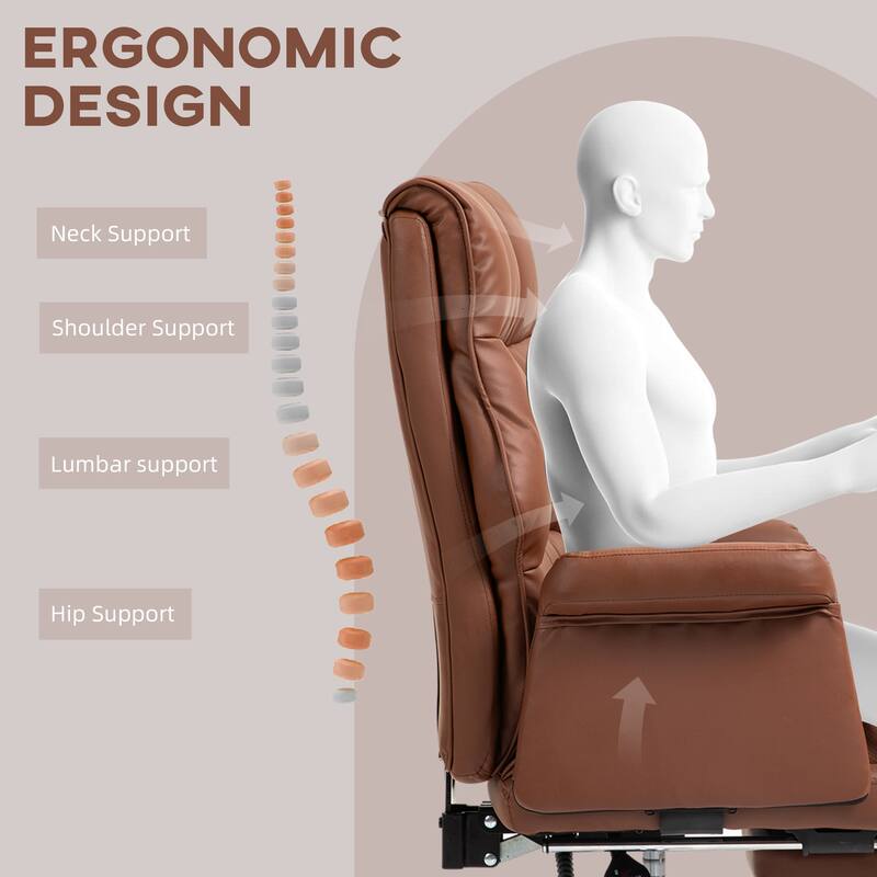 Executive Office Chair, PU Leather Ergonomic Office Desk Chair with Footrest, Reclining and Swivel Chair, Brown