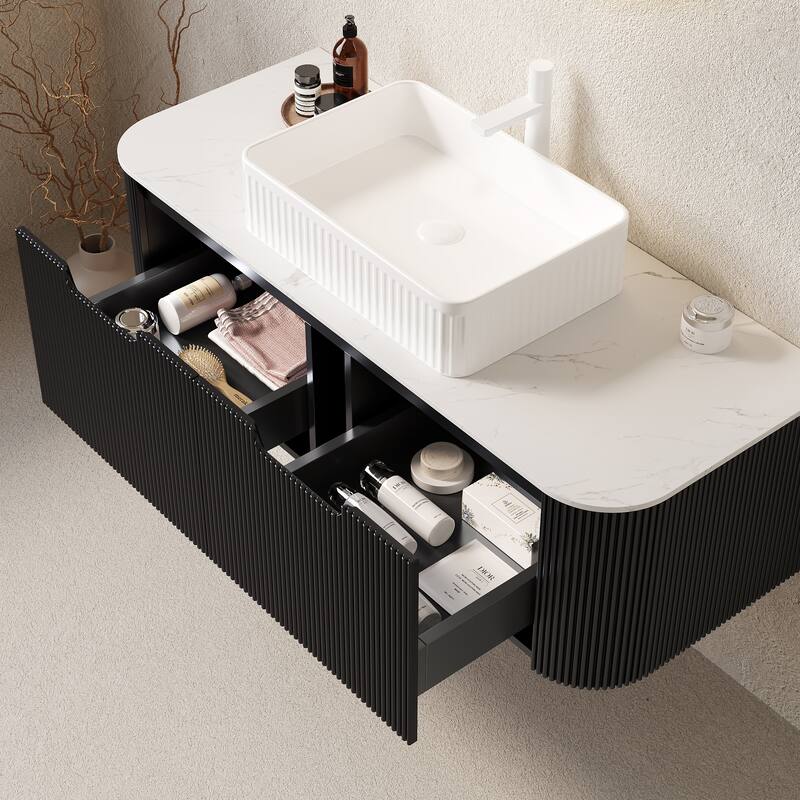 48" Bathroom Vanity with Sink, Wall-Mounted Bathroom Storage Cabinet with 2 Drawers, Rectangular Ceramic Basin, No Faucet