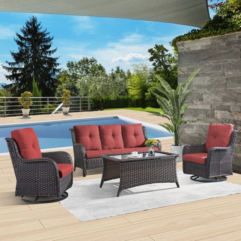 Patio Sofa with Swivel Rocking Chair - Brown - Red