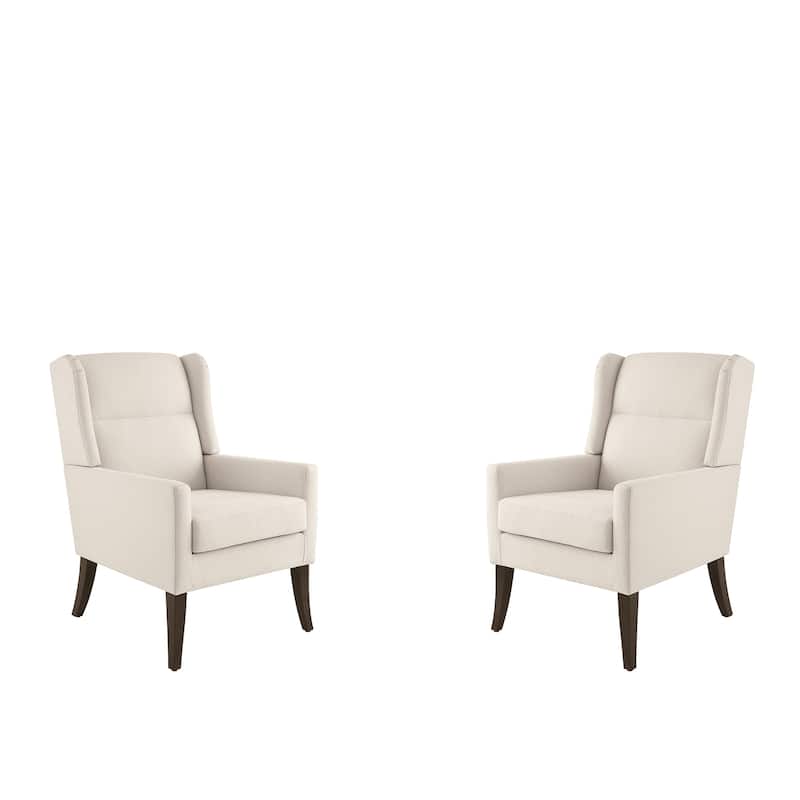 Set of 2 Modern Upholstered Accent Chairs with High Back and Wooden Legs – Grey/Beige/Brown