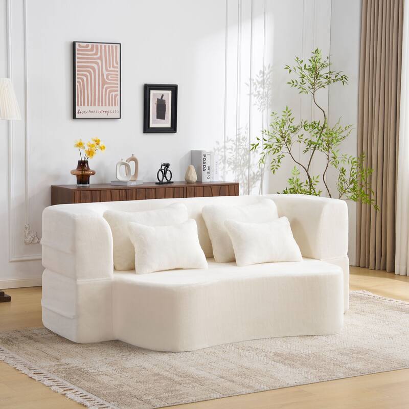 Queen Size Modern Floor Folding Sofa with 4 Pillows, No Assembly Required - White