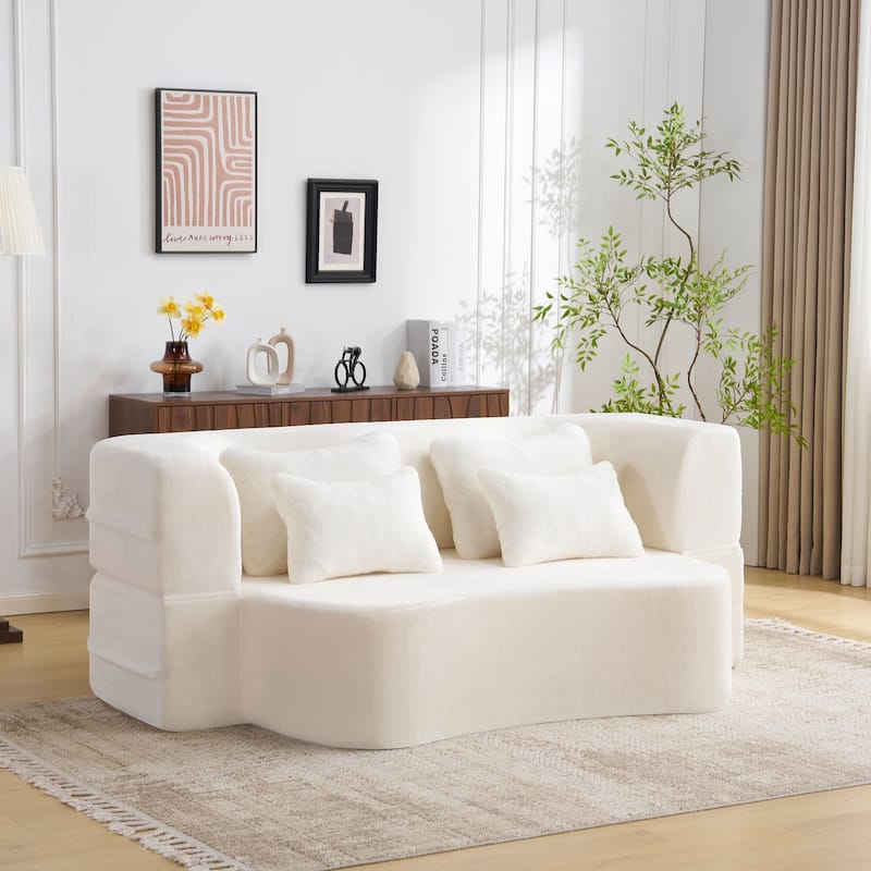 Queen Size Modern Sofa With 4 Pillows,Plush Fabric Futon Sofa Couch,High-Density Foam Folding Mattress,No Assembly Required - White