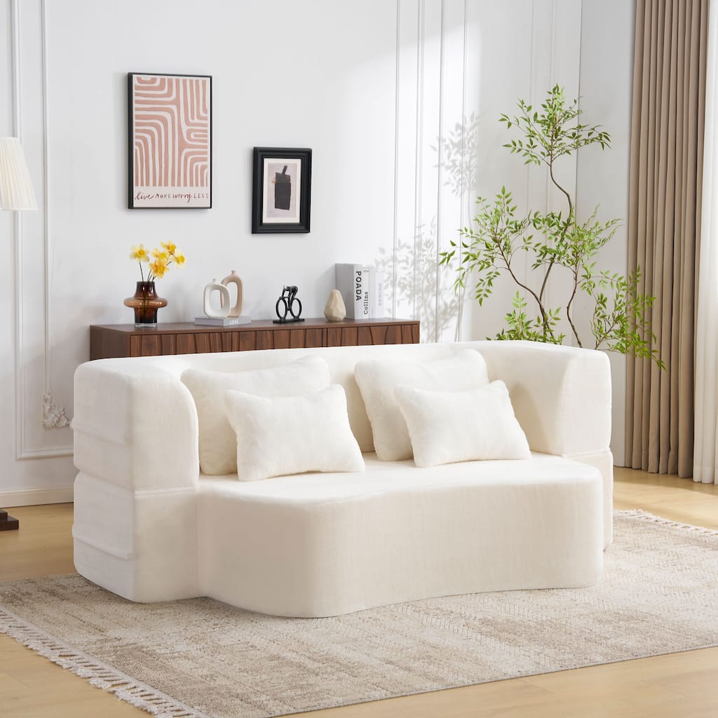 Queen Size Modern Sofa With 4 Pillows,Plush Fabric Futon Sofa Couch,High-Density Foam Folding Mattress,No Assembly Required