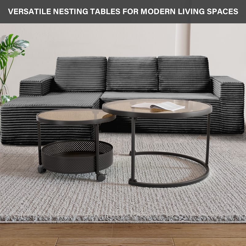 Meyreso No Assembly Required Long Plush L-Shaped Sectional Sofa with Round Nesting Coffee Tables