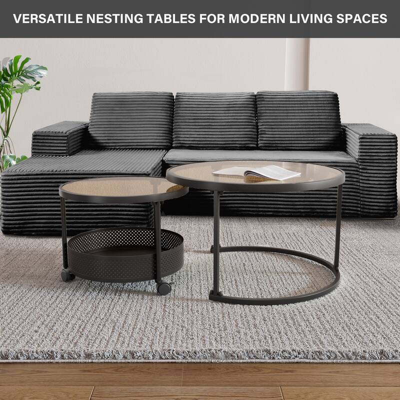 Meyreso Round Tempered Glass Nesting Coffee Tables with Metal Frame