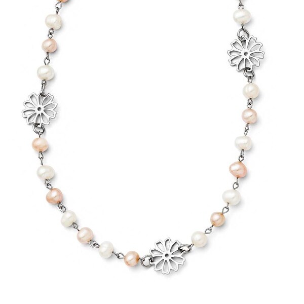 Chisel Stainless Steel Slip-on Freshwater Cultured Pearl with Flowers Necklace - 32.5 in