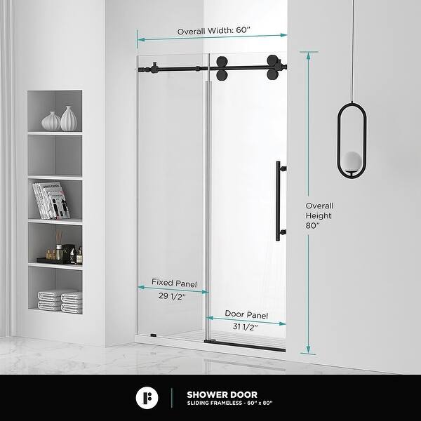 dimension image slide 11 of 25, Fine Fixtures Frameless Clear Sliding Bathroom Shower Door