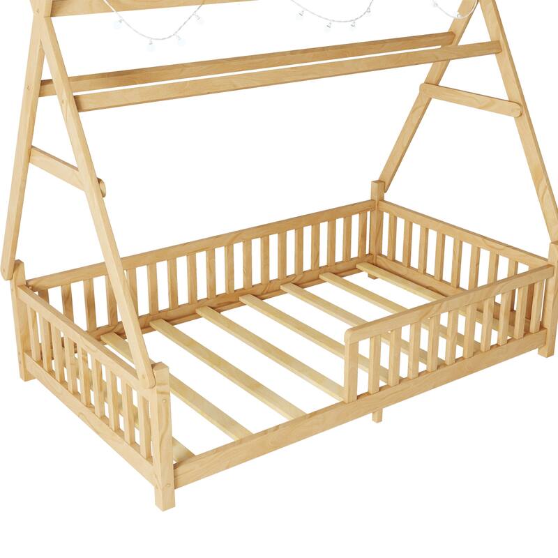 Wooden House Shaped Platform Bed with LED Light and Roof, Low Floor House Bed Frame with Full Length Guardrails