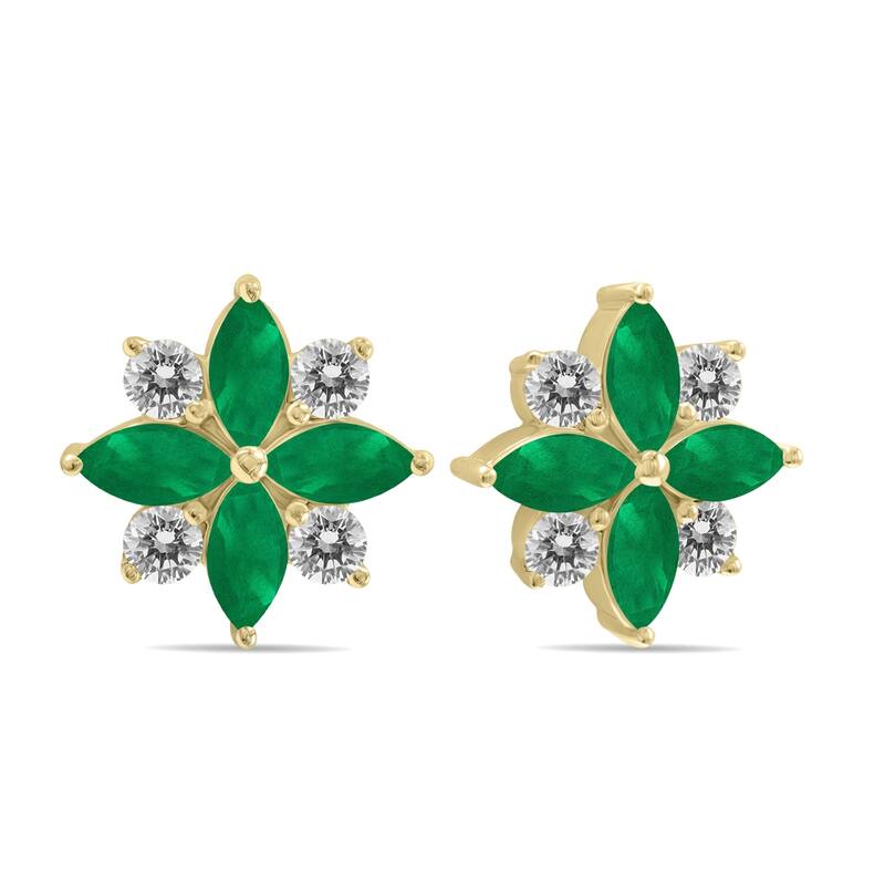 Marquee 1 Carat TW Emerald and Diamond Flower Earrings in 10K Yellow Gold
