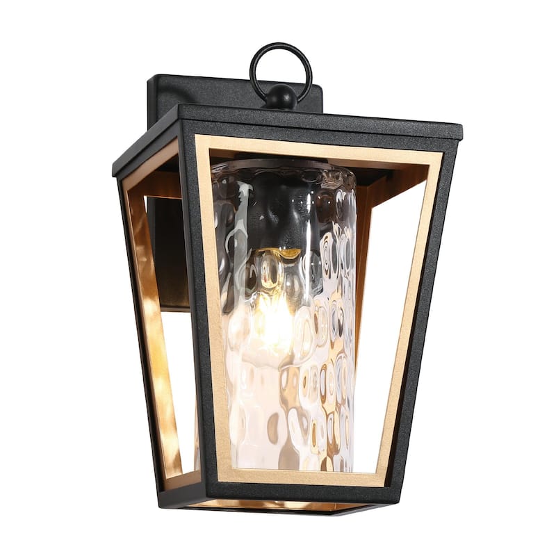 Modern Farmhouse 1-Light Black Gold Outdoor Wall Sconces Transitional Porch Lantern with Water Rippled Glass Shade