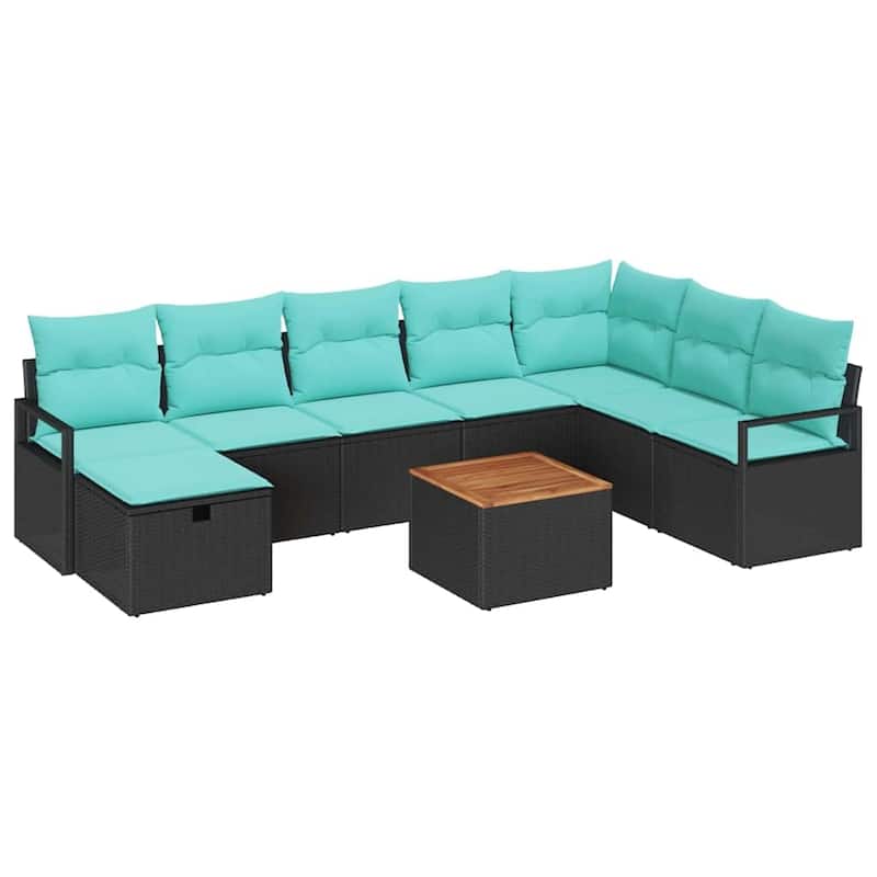 vidaXL 9 Garden Sofa Set with Cushions Black/Grey Poly Rattan - 113 x 69.7 x 27.2