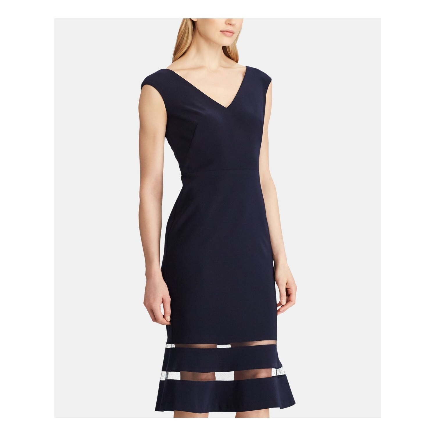 navy sleeveless sheath dress