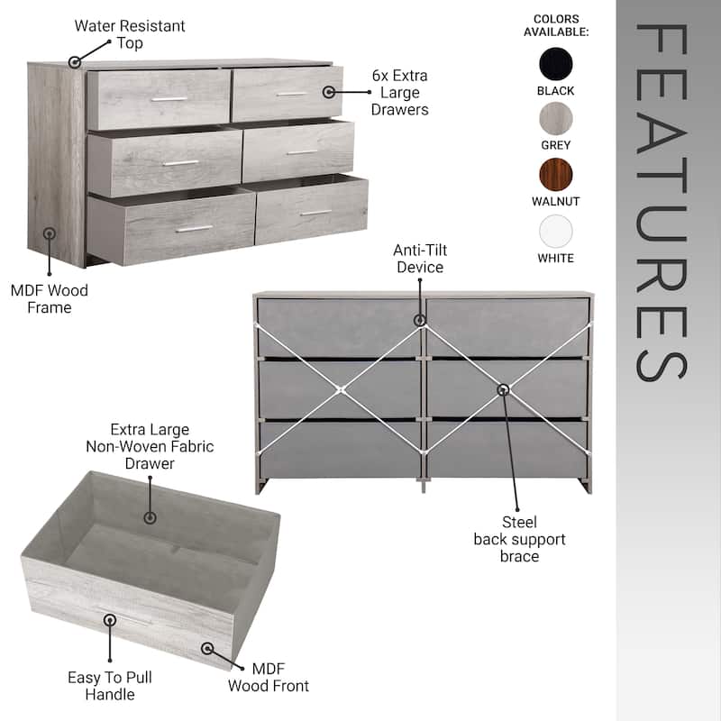 6 Drawer Dresser with Fabric Drawers and MDF Frame Modern Storage