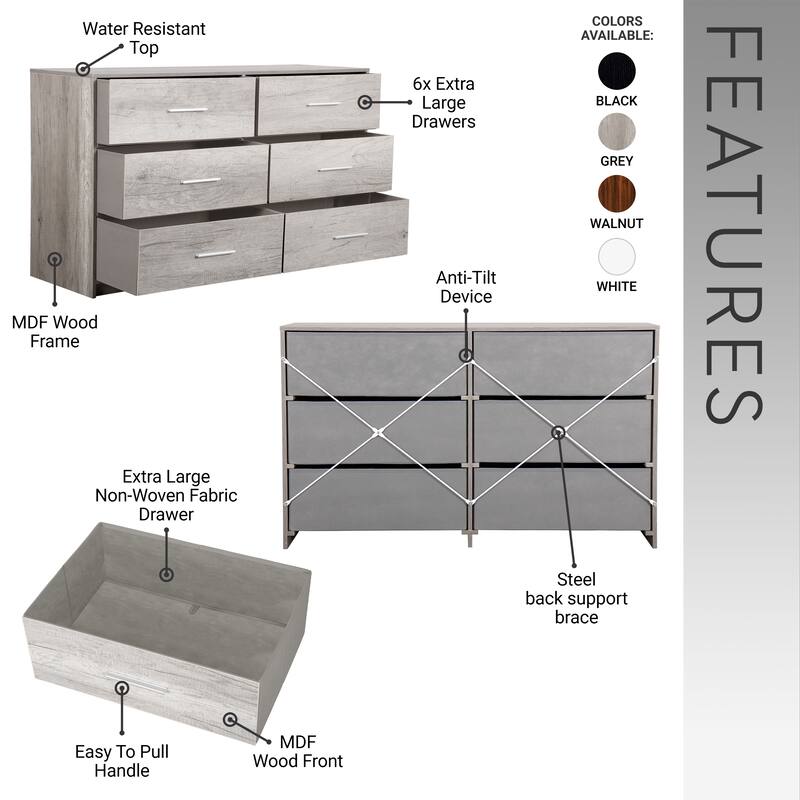 Modern Minimalist 6-Drawer Dresser with Large Fabric Drawers