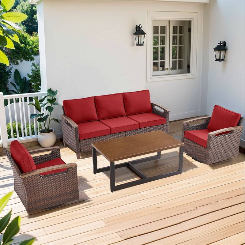 Pocassy Outdoor Brown Wicker Funitre with Cushion Set - Red Cushion - 3-Seat Sofa with Swivel Chair Table Set