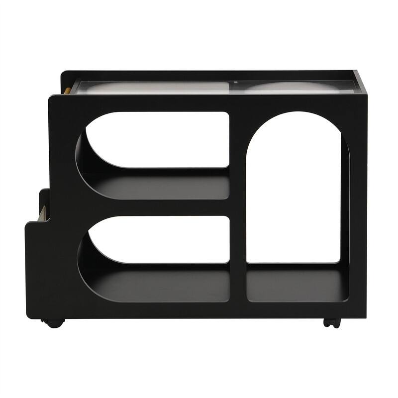Mobile End Table with Thick Fluted Tempered Glass, Narrow Side Table with Lockable Wheels and Open Storage Compartments