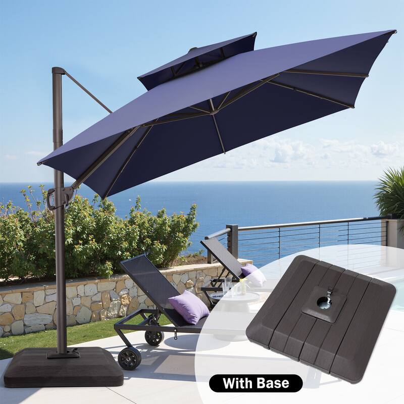 11 x 11 FT Outdoor Patio Cantilever Umbrella 360 Degrees Rotation and Base Stand - Navy Blue