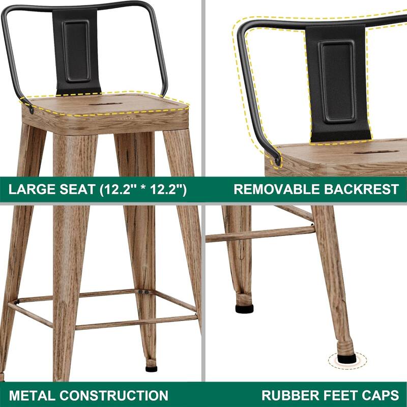 Metal Counter & Bar Stools Set of 4, 26" and 30" Seat Height Barstools with Metal Frame and Low Back for Kitchen lsland