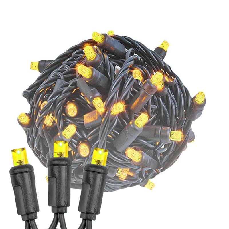 50 Light LED Christmas Mini Light Set, Patio Lights, Warm White, Black Wire, 11’ - Yellow