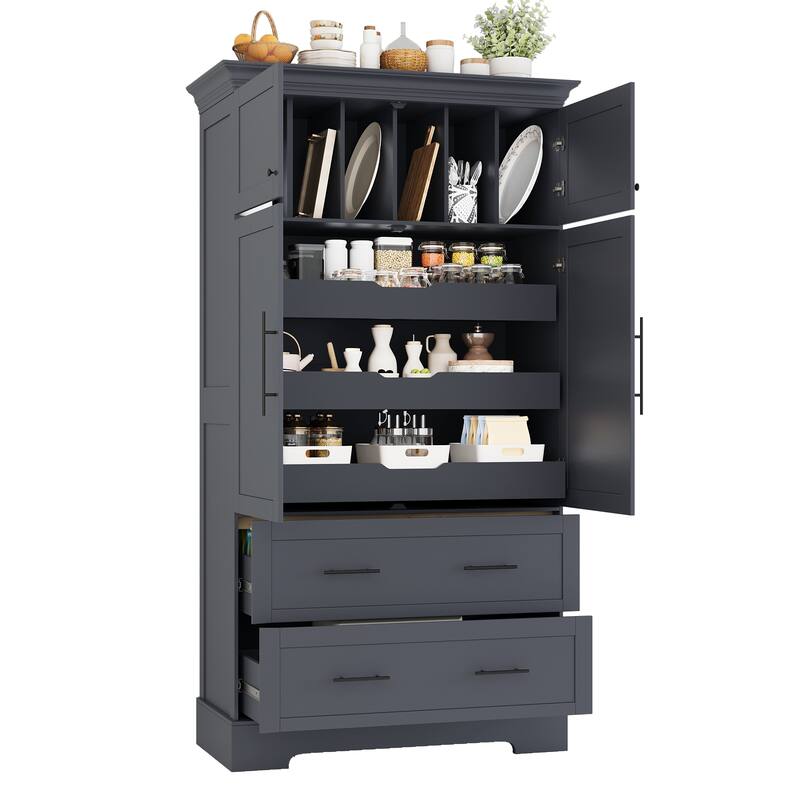 Roomfitters 73 Inch Large Kitchen Pantry with 4 Doors, Pull-Out Trays and Cake Pan Organizer