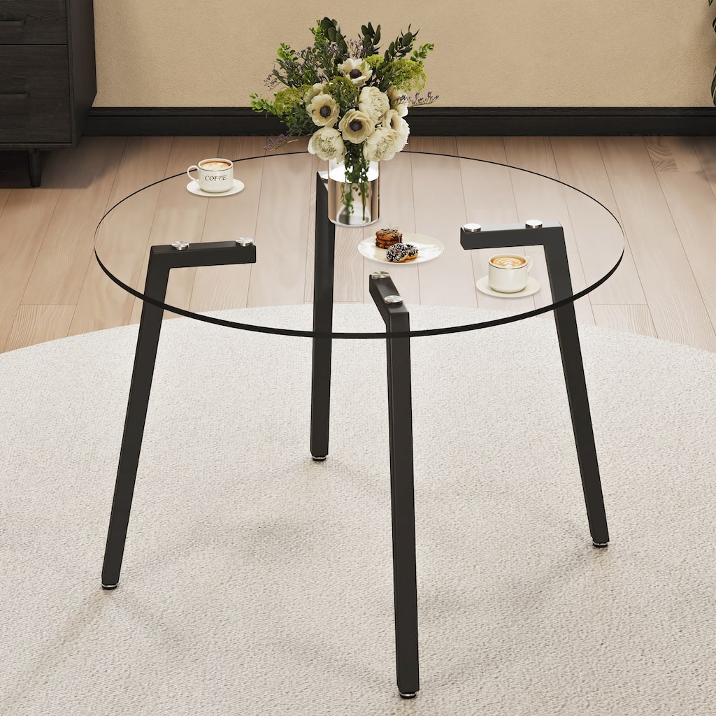 Modern Simple Style Round Transparent Tempered Glass Table, Tempered Glass Table Top, Black Metal Legs