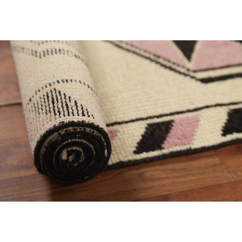 Geometric Anatolian Vintage Runner Rug Foyer Handmade Wool Carpet - 2'11"x 11'7"