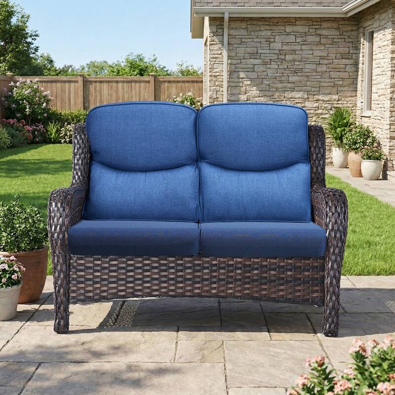 Pocassy Outdoor 2 Person Sofa Patio Loveseat with Comfy Cushions - Brown Wicker Blue Cushion - 1 Piece Loveseat Sofa with 5 Inch Cushion