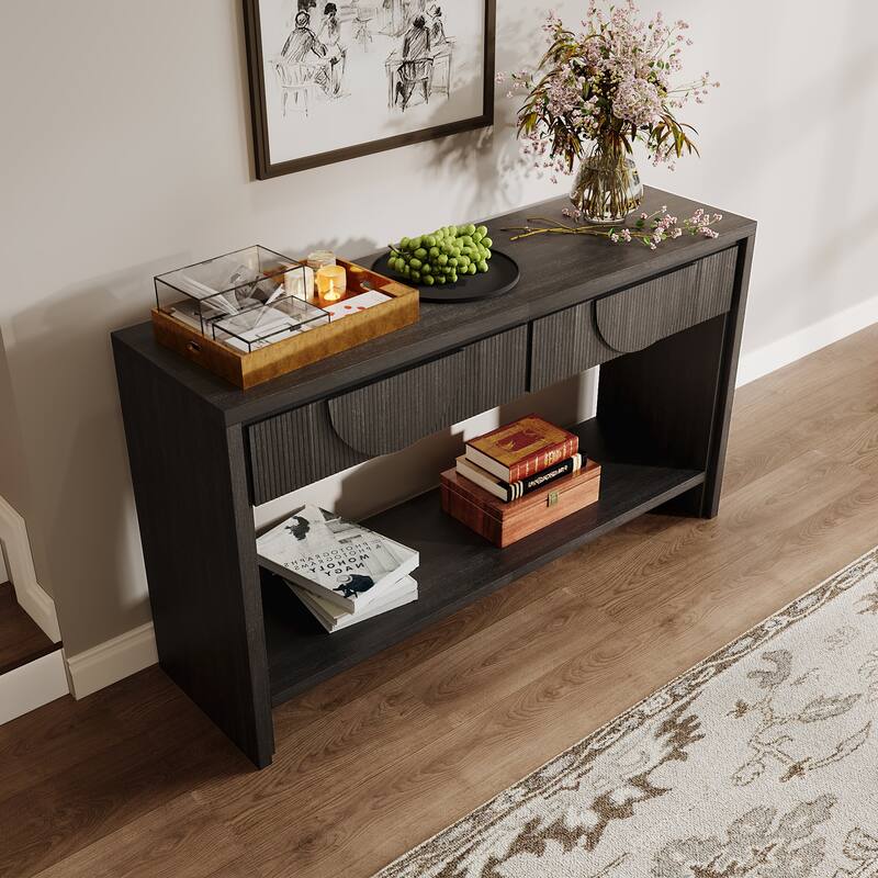 55" Farmhouse Style Console Table with 2 Storage Drawers and Open Shelf