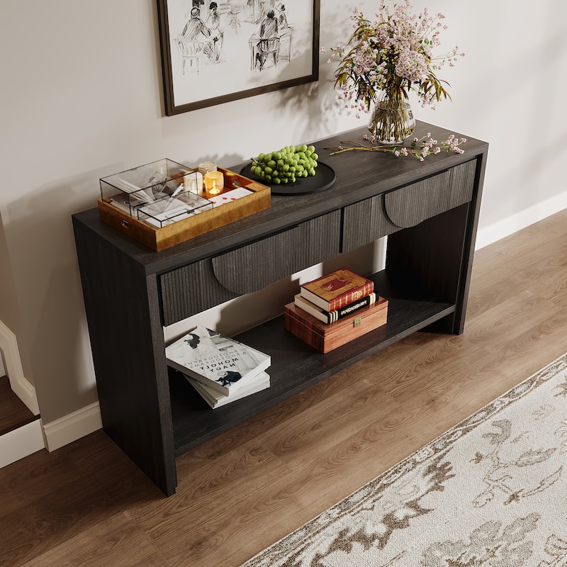 Console Table with Carved Drawers, Wood Sofa Table with Tiered Bottom Shelf, Entryway Accent Table for Living Room