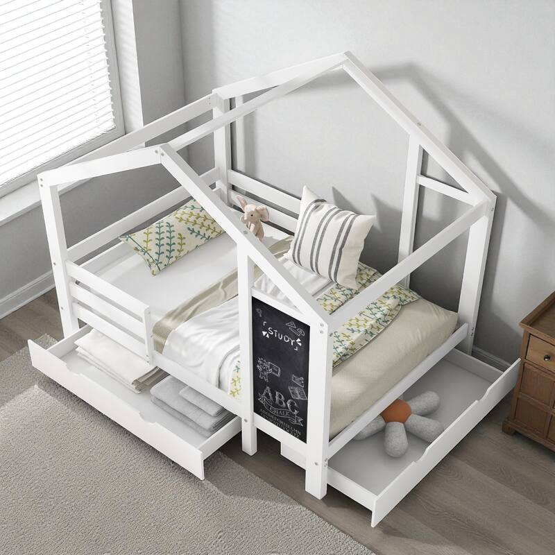 Twin/Full House Bed with Blackboard and Storage Drawers, Kids Wood Bed with Two Assembly Options and Safety Rails