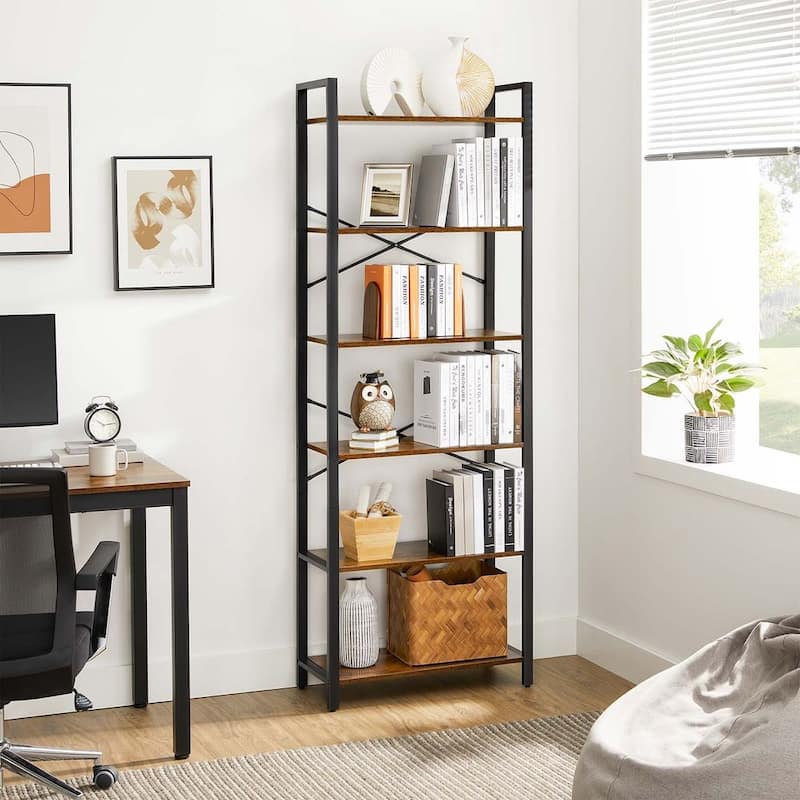 Rustic Brown and Black 6-Tier Industrial Bookshelf with Anti-Tip Kit - 31.5”L x 11.8”W x 73.2”H (80 x 30 x 186 cm)