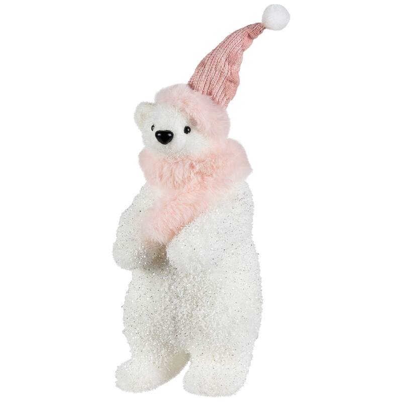 Glittery Polar Bear In Winter Hat Christmas Figurine - 10.5"