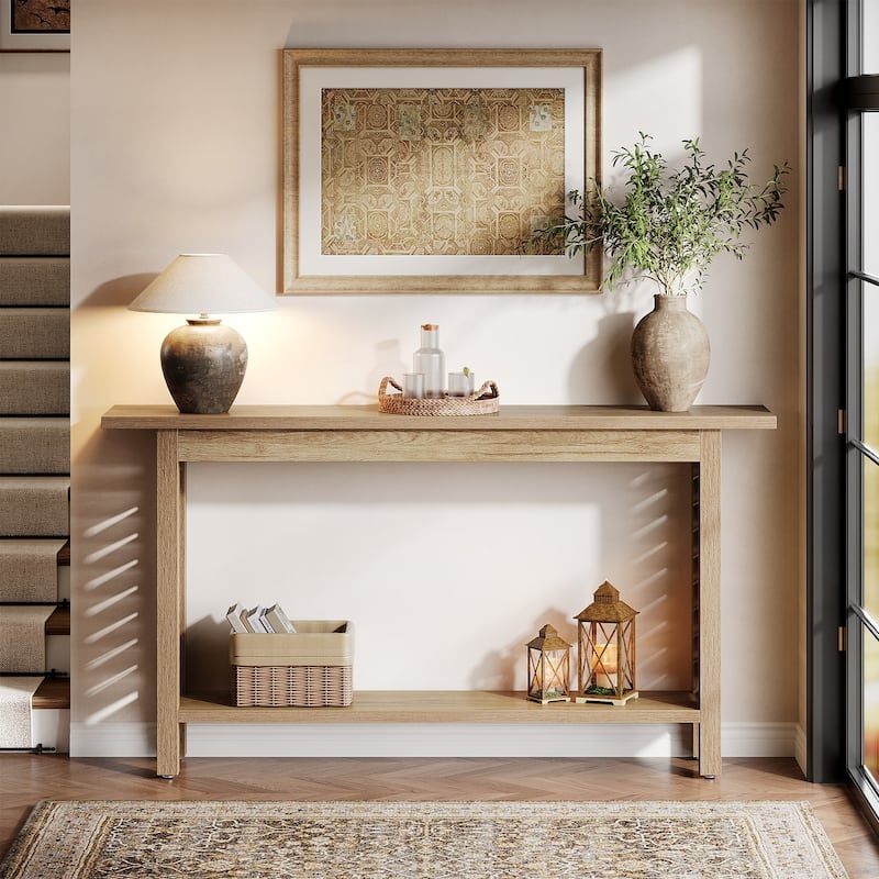 2-Tier Farmhouse Console Table for Foyer, Hallway, Living Room (Oak)