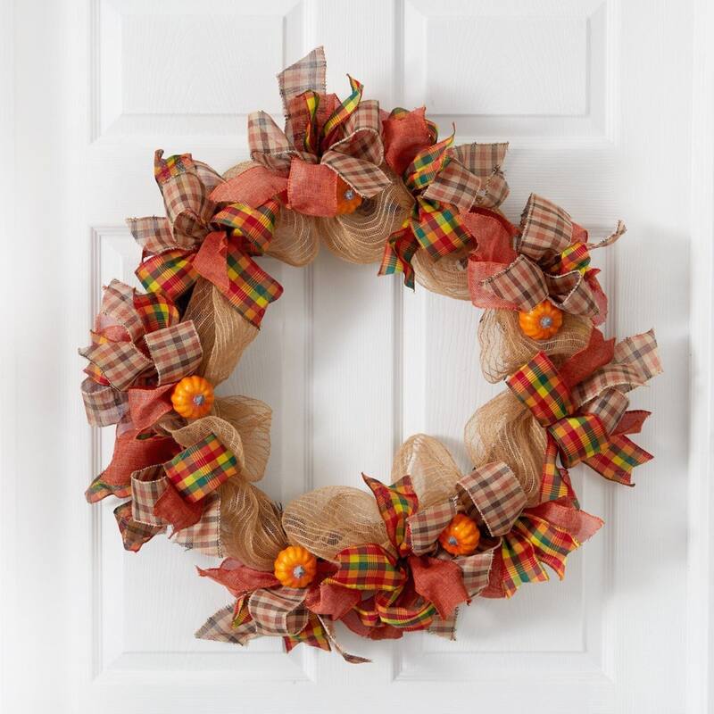 Pumpkin with Plaid Bows Artificial Fall Harvest Wreath - 30" - Unlit