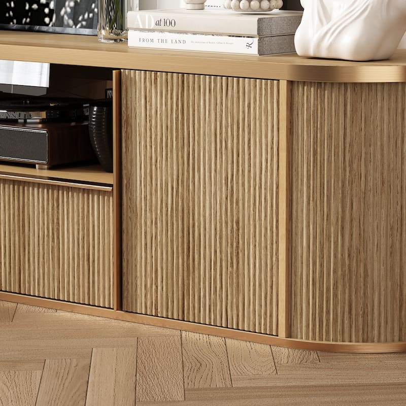Natural Wood TV Stand with Gold Handles Entertainment Center, Media Console & Storage Cabinet