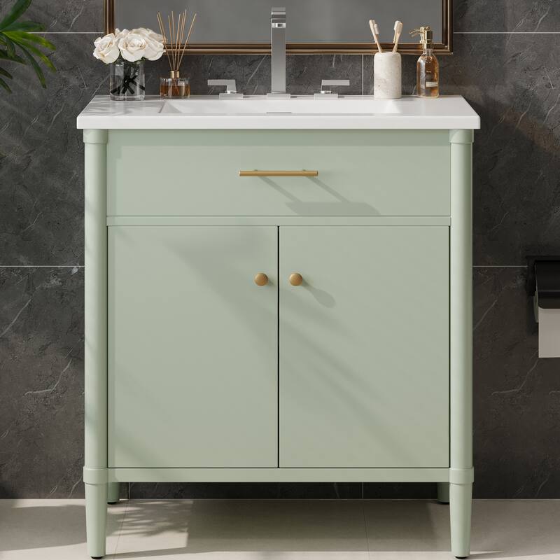 31 Inch Bathroom Vanity with Sink Soft Close Doors Adjustable Shelf Rubber Wood Legs, Curved Profile Design