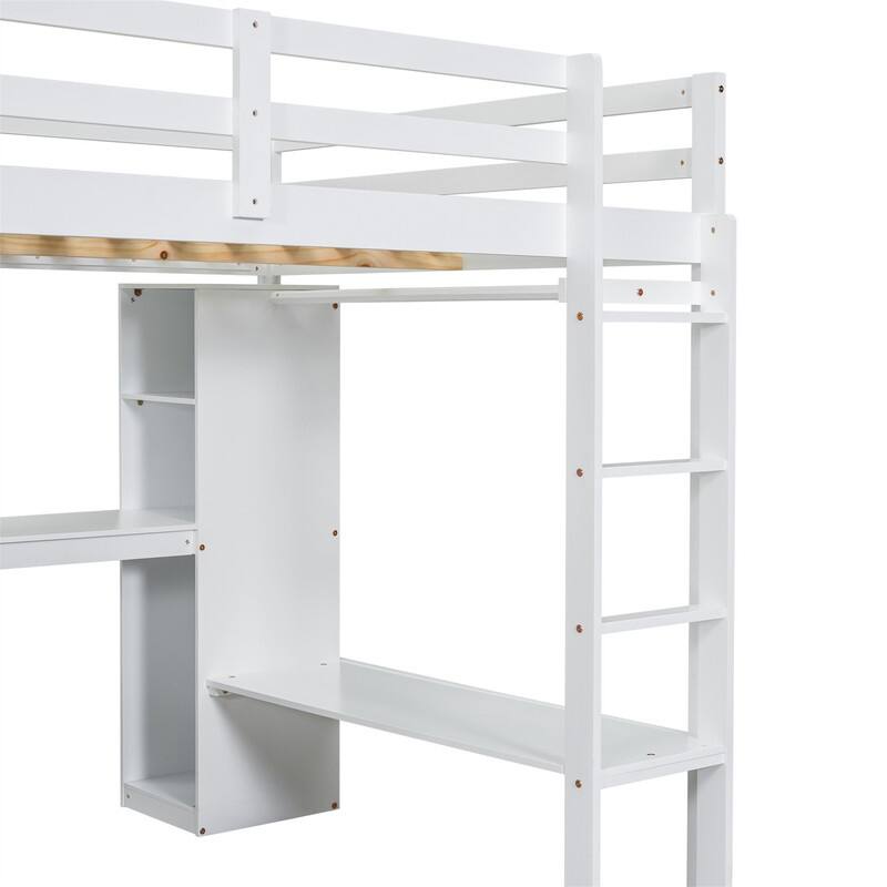 Solid Wood Loft Bed with Bulit-in L-Shaped Desk, Wardrobe and Hanging Rod, Twin/Full Size Loft Bedframe with Storage Shelves