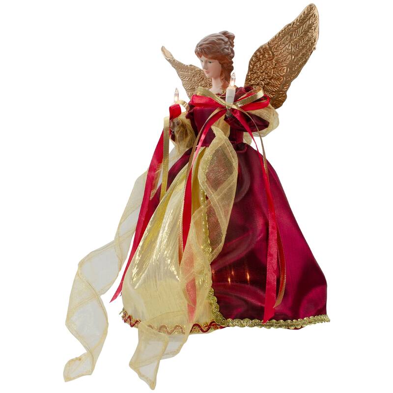 13.5" Lighted Red and Gold Angel with Wings Christmas Tree Topper - Clear Lights - 13.5